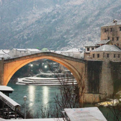 Mostar bridge in Bosnia and Herzegovina in winter. The Neretva river. Old bridge
